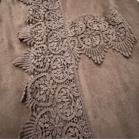 Umgee Large Brown Suede Lace Trim Duster Vest Kimono Cardigan Top ~ Boho Hippie - Picture 5 of 9